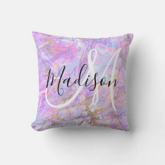 Modern Lavender Pink Marble Gold Monogram Name Cushion
