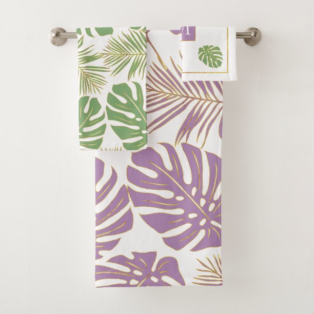 Modern lavender purple and green tropical leaves bath towel set (Insitu)