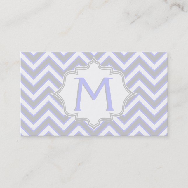 Modern lavender purple, grey chevron monogram business card (Front)