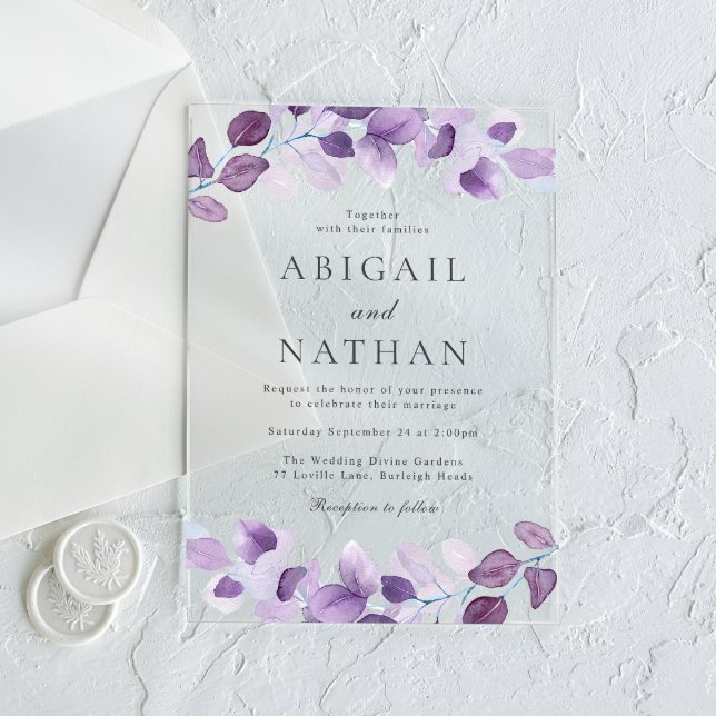 Modern Lavender Purple Leaves Wedding  Acrylic Invitations (Creator Uploaded)