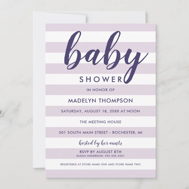Modern Lavender Purple Stripes Baby Girl Shower Invitation (Front)