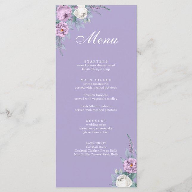 Modern Lavender Purple Wedding Menu Card (Front)