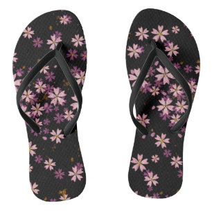 Modern Lavender Purple Wild Flowers on Black Thongs