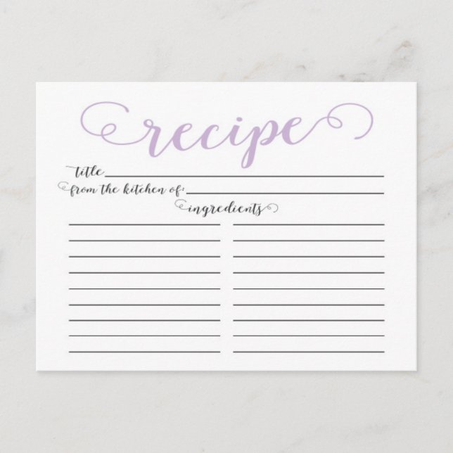 Modern Lavender Script Bridal Shower Recipe Cards (Front)