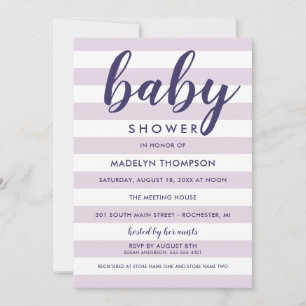 Modern Lavender Stripe Script Baby Girl Shower Invitation