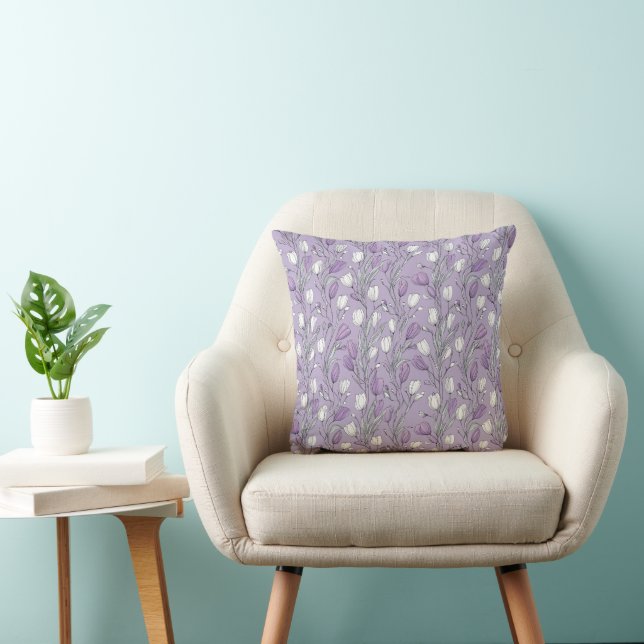 Modern Lavender Tulip White Floral Pattern Cushion (Chair)