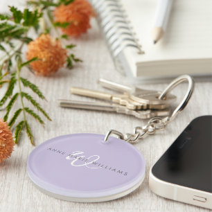 Modern Lavender White Script Monogram Key Ring