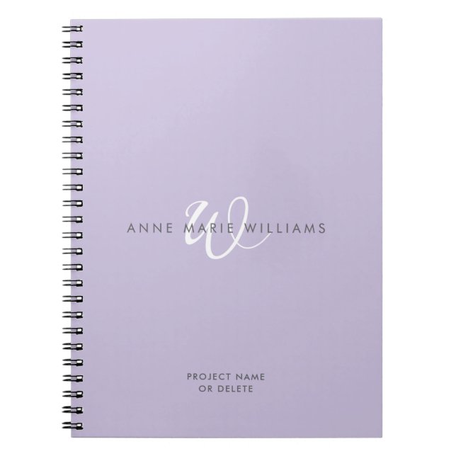 Modern Lavender White Script Monogram Notebook (Front)