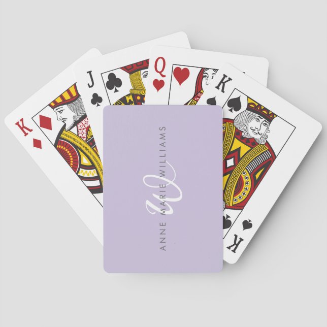Modern Lavender White Script Monogram Playing Cards (Back)