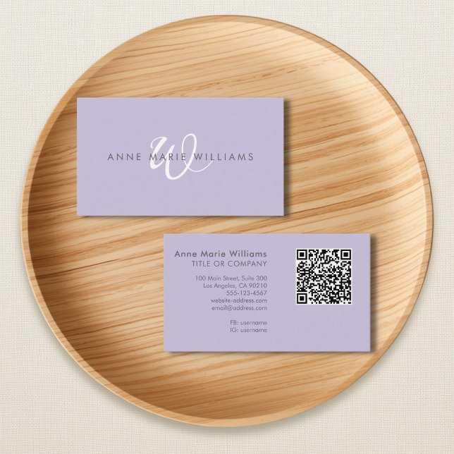 Modern Lavender White Script Monogram QR Code Business Card (Creator Uploaded)