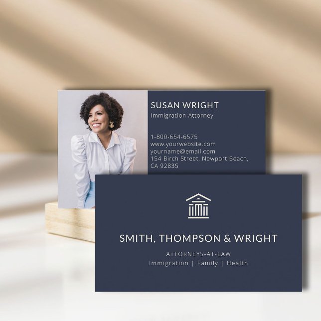 Modern Law Office Legal Lawyer Photo Navy Cream Business Card (law lawyer attorney paralegal professional business card logo social media classic navy year elegant)