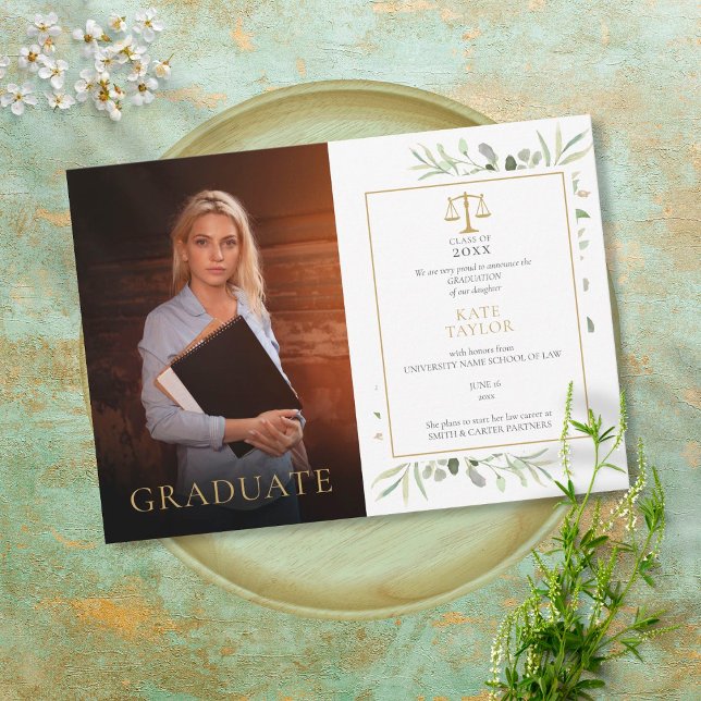 Modern Law School Graduation Greenery Photo Announcement (Creator Uploaded)