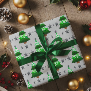 Modern Layered Christmas Trees & Silver Stars Wrapping Paper