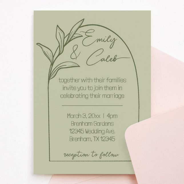 Modern Leaf Arch Sage Green Wedding Invitation (wedding invitation sage green leaves arch cursive script. Calm, romantic, botanical leaf invite)