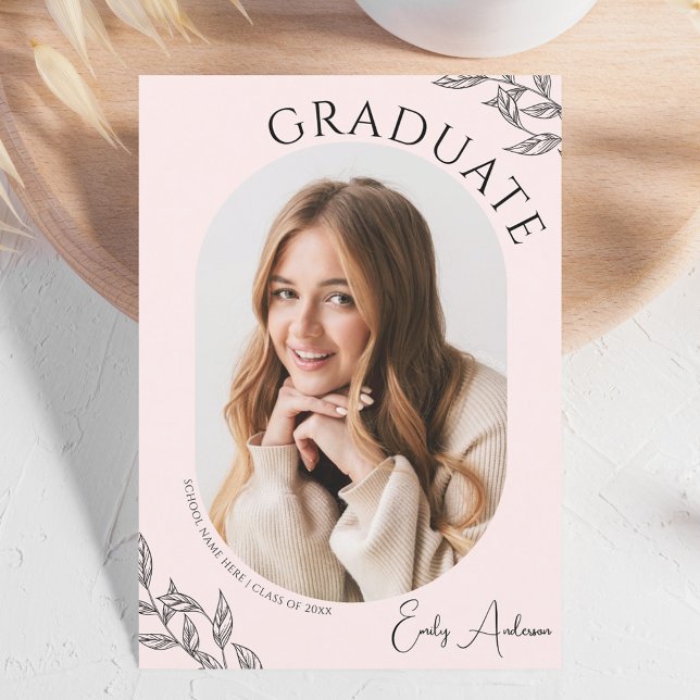 Modern Leaf Blush Pink 2 Photo Graduation Party Invitation (Creator Uploaded)