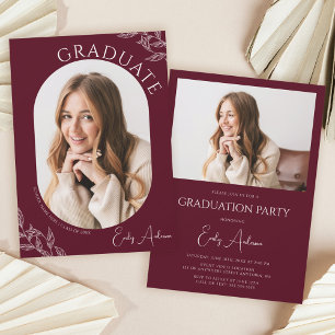 Modern Leaf Burgundy 2 Photo Graduation Party Invitation