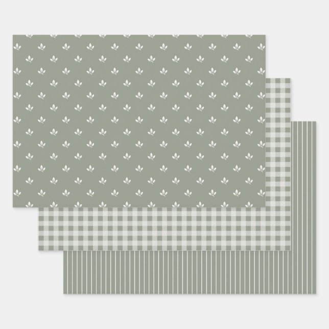 Modern Leaf Gingham Pinstripe Pattern Mix Green |  Wrapping Paper Sheet (Set)
