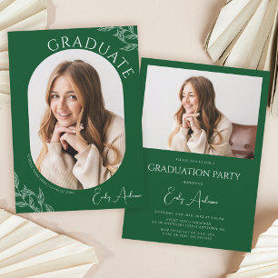 Modern Leaf Green White 2 Photo Graduation Party Invitation