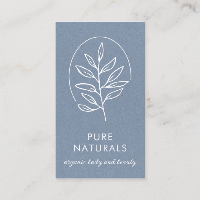 Modern Leaf Logo Botanical Simple Neutral Blue Business Card (Front)