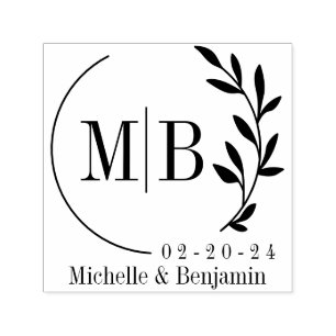 Modern leaf Monogram with Date and Name Self-inking Stamp
