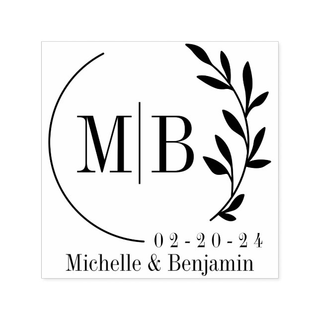 Modern leaf Monogram with Date and Name Self-inking Stamp (Design)