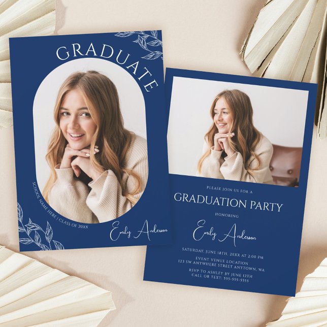 Modern Leaf Navy Blue 2 Photo Graduation Party Invitation (Creator Uploaded)