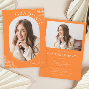 Modern Leaf Orange 2 Photo Graduation Party Invitation