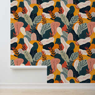 Modern Leaf Pattern in Terracotta & Teal Wallpaper