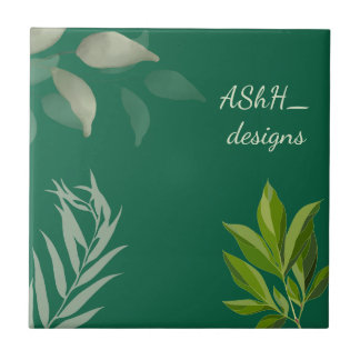 "Modern Leaf Pattern with Custom Name and date." Ceramic Tile