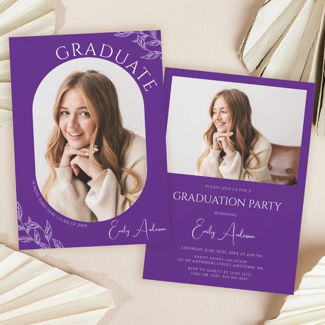 Modern Leaf Purple 2 Photo Graduation Party Invitation (Creator Uploaded)