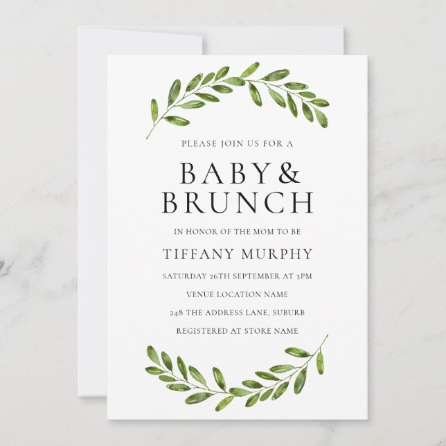Modern Leaf Wreath Baby Shower Brunch Invite (Front)