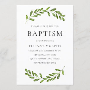 Modern Leaf Wreath Boy Girl Baptism Invitation