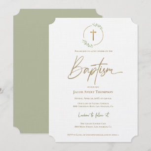 Modern leaf Wreath Gilded Gold Cross Baptism Invitation