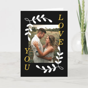 Modern Leaf Wreath Love You Photo Black Valentine Card