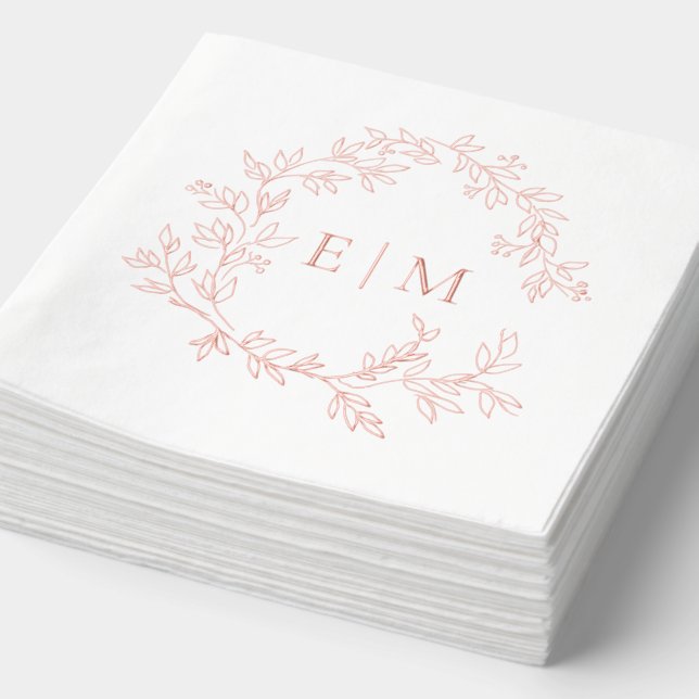 Modern Leafy Crest Monogrammed Wedding Rose Gold Foil Napkins (Detail)