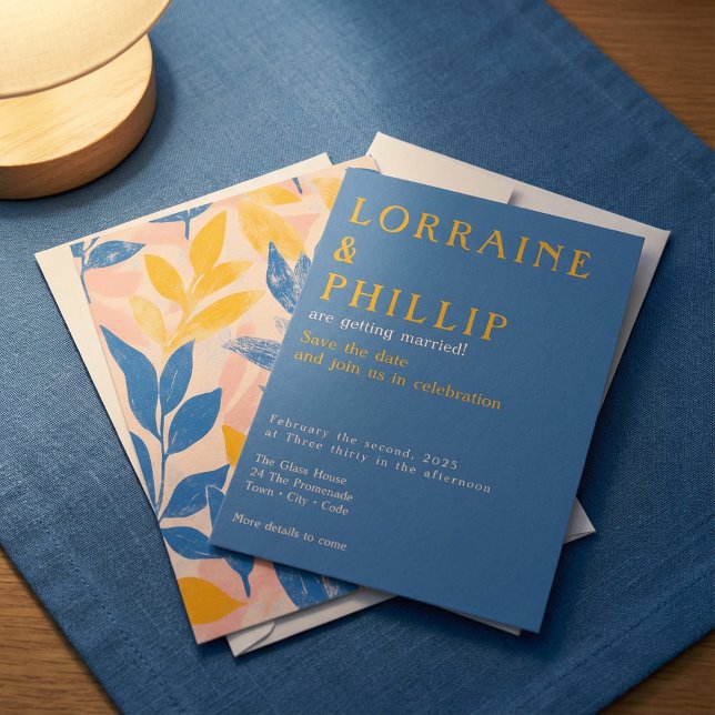 Modern Leafy Lithograph, bold blue, yellow pink Save The Date (Modern Leafy Lithograph, bold blue, yellow pink Save The Date.)