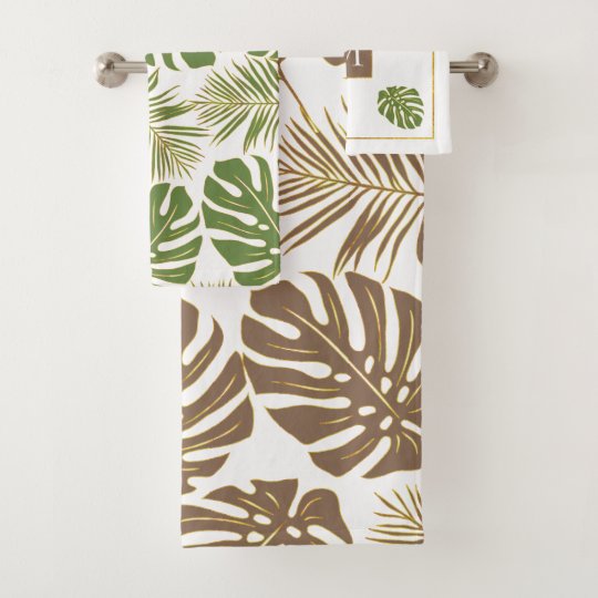 Modern leather brown and green tropical leaves bath towel set Zazzle