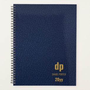 Modern Leather Look Dark Blue and Gold Monogrammed Planner
