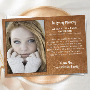 Modern Leather Sympathy In Memory Photo Funeral Thank You Card