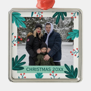 Modern Leaves & Berries Custom Christmas Photo Metal Ornament