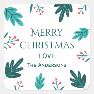 Modern Leaves & Berries Personalised Christmas Square Sticker