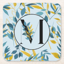 Modern Leaves Blue Gold "Letter M"