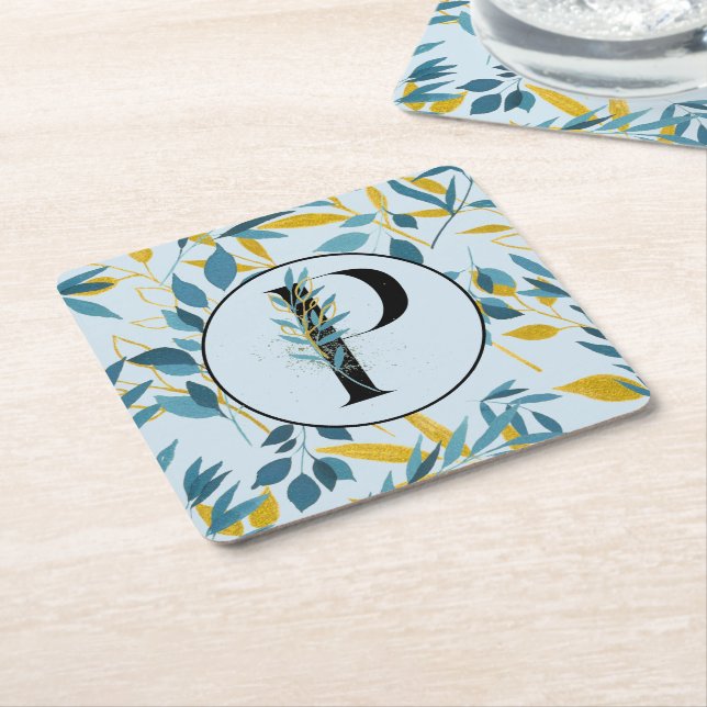 Modern Leaves Blue Gold "Letter P" Square Paper Coaster (Angled)