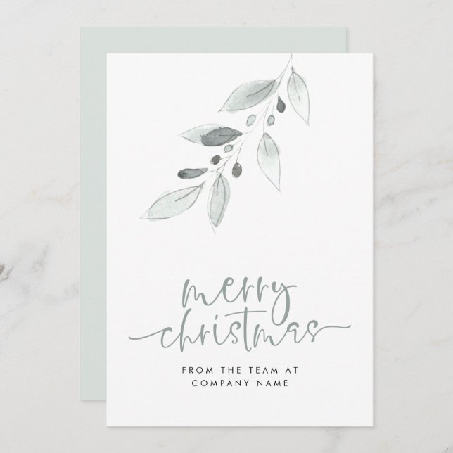 Modern Leaves Business Logo Script Merry Christmas Holiday Card (Front/Back)