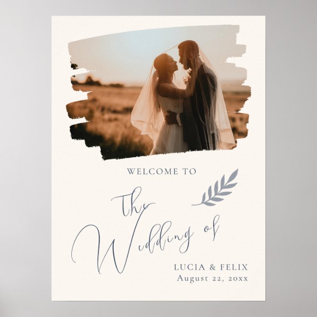 Modern Leaves Distressed Photo Wedding Welcome Poster (Front)