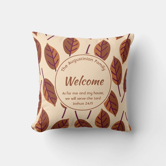 Modern LEAVES Joshua 24:15 Custom BEIGE Welcome Cushion (Front)