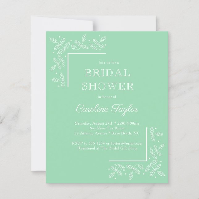 Modern Leaves Mint Green Bridal Shower Invitation (Front)