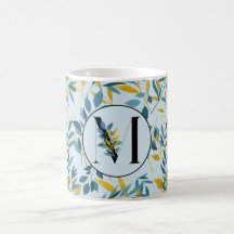 Modern Leaves Navy Blue Gold "Letter M"