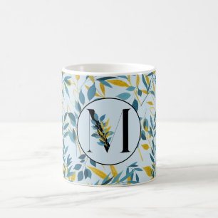 Modern Leaves Navy Blue Gold "Letter M" Coffee Mug