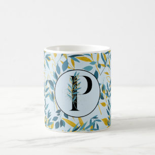 Modern Leaves Navy Blue Gold "Letter P" Coffee Mug
